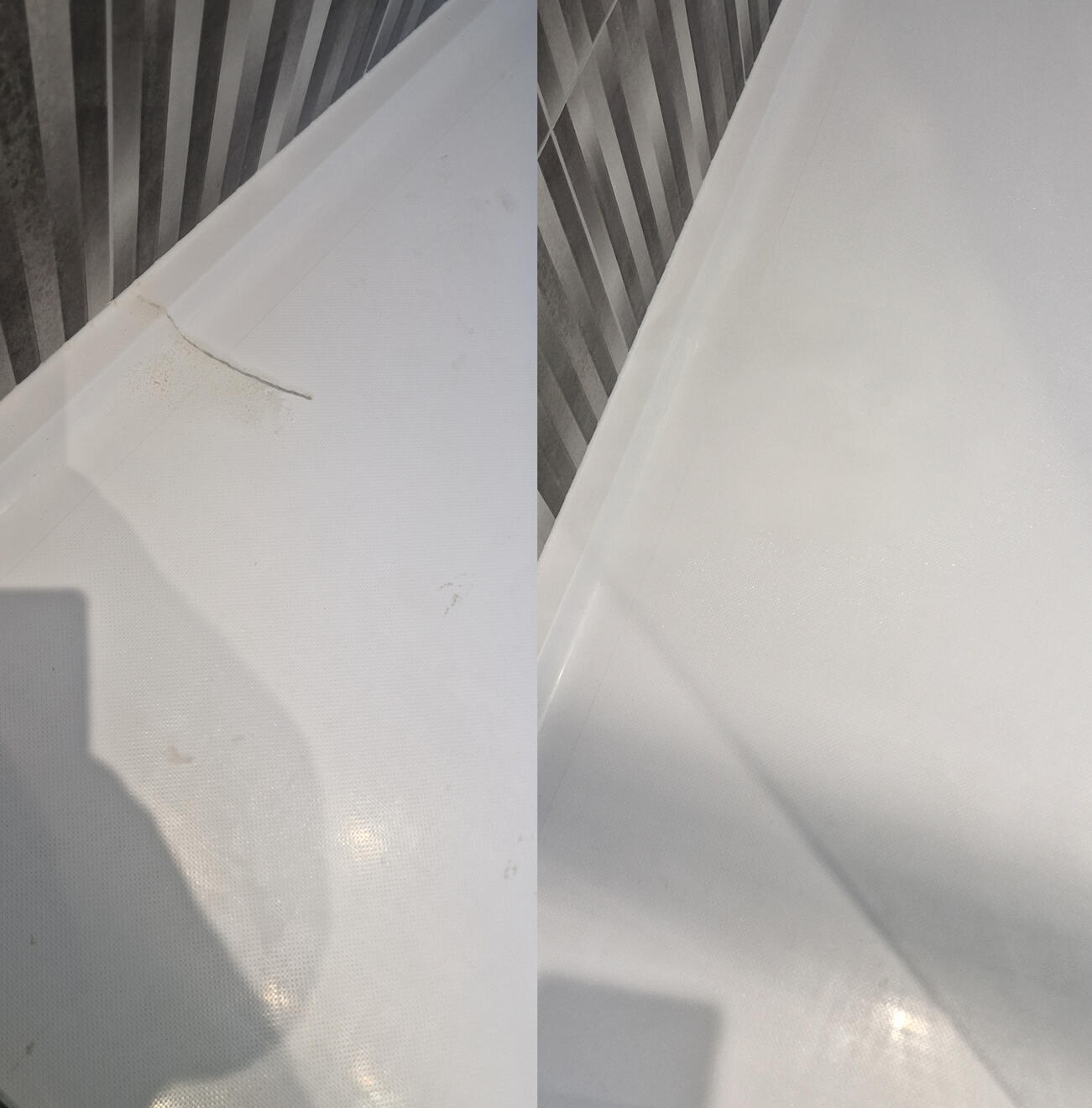 before and after pictures of a stone resin acrylic shower tray crack repair Reinforced shower tray crack repair in Oxford