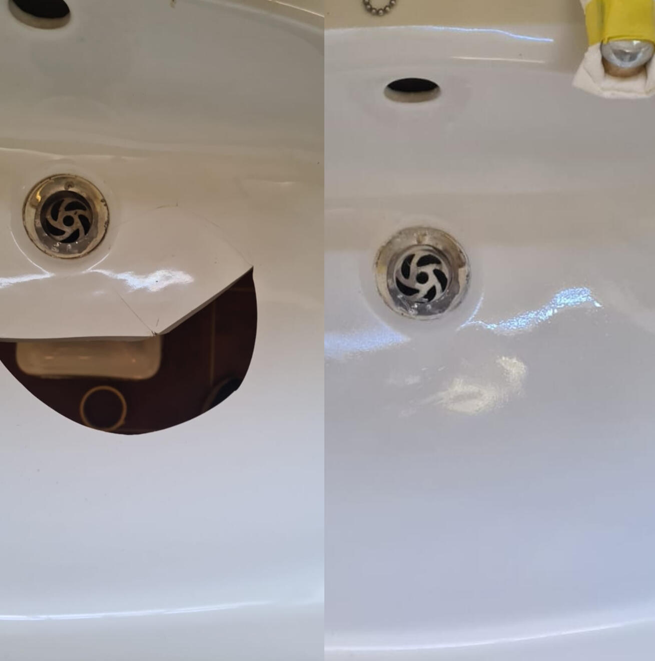 before and after pictures of a ceramic sink crack repair Before and after ceramic sink crack repair in Oxford