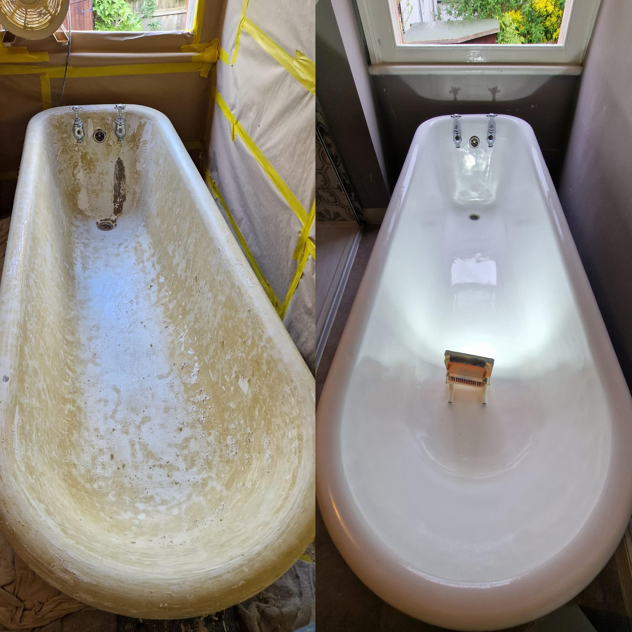PICTURE OF A BEFORE AND AFTER OF A ROLL TOP CAST IRON BATH Before and after roll top cast iron bath re-enamelling in Headington, Oxford